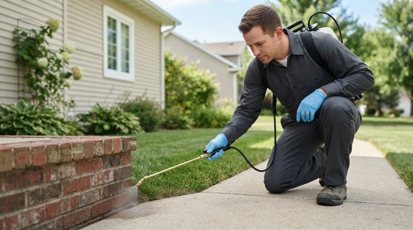Pest control technician treating a home near West Union, MN